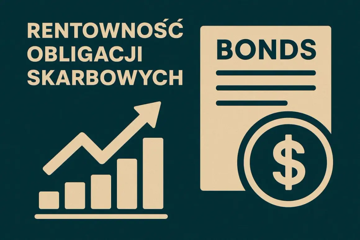 Wykres wzrostu i dokument "BONDS" z symbolem dolara. Analiza rentowności obligacji 10 letnich NBP.